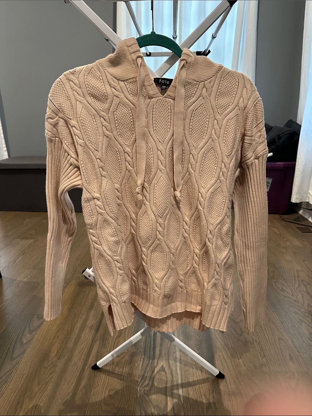 Fate Cable-Knit Hoodie Sweater in Light Beige/Cream color
